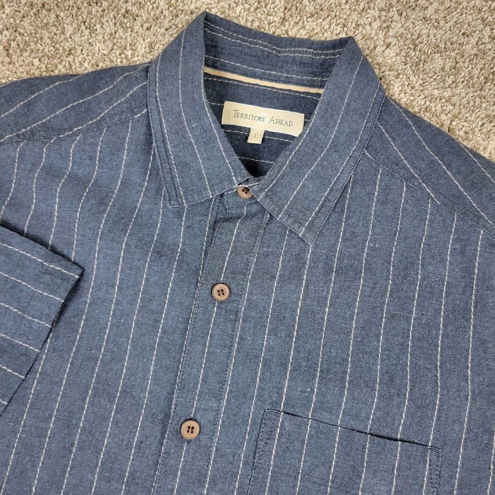 Territory Ahead Mens Large Blue Striped Button Up Short Sleeve 100% Linen